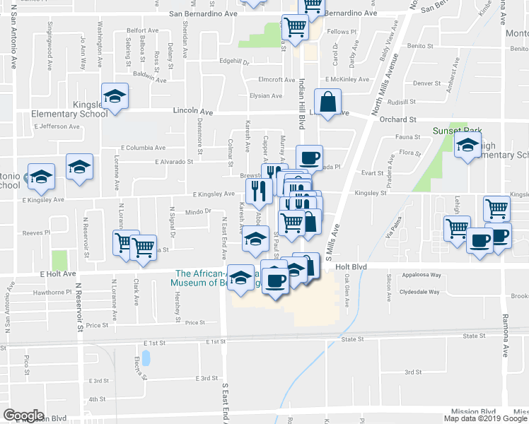 map of restaurants, bars, coffee shops, grocery stores, and more near 1444 East Kingsley Avenue in Pomona