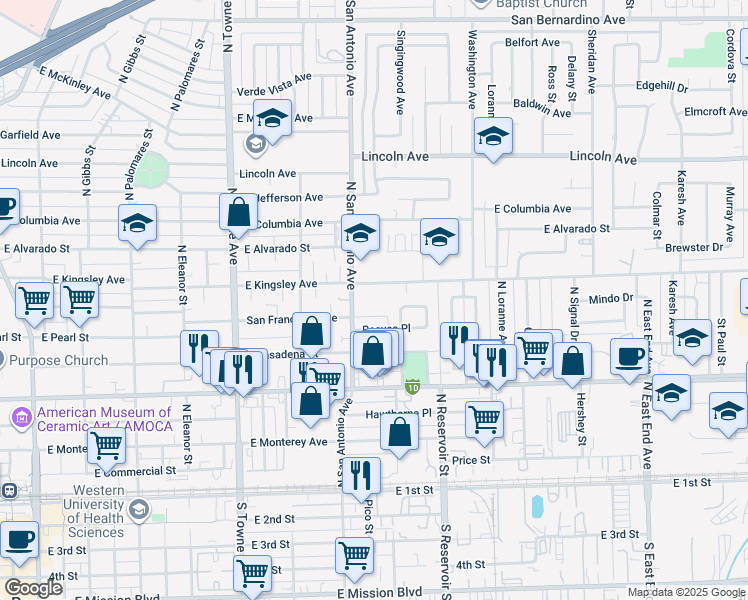 map of restaurants, bars, coffee shops, grocery stores, and more near 864 East Kingsley Avenue in Pomona