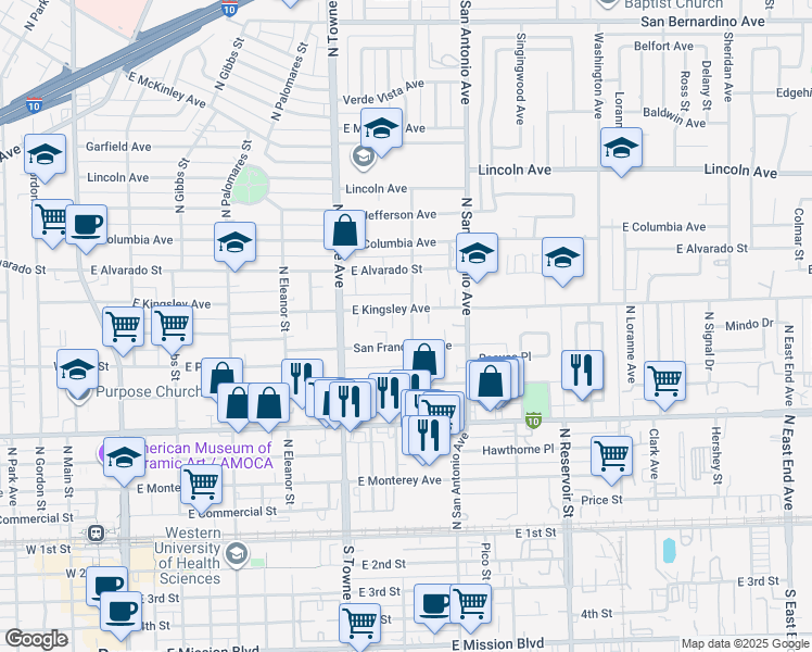 map of restaurants, bars, coffee shops, grocery stores, and more near 676 East Kingsley Avenue in Pomona