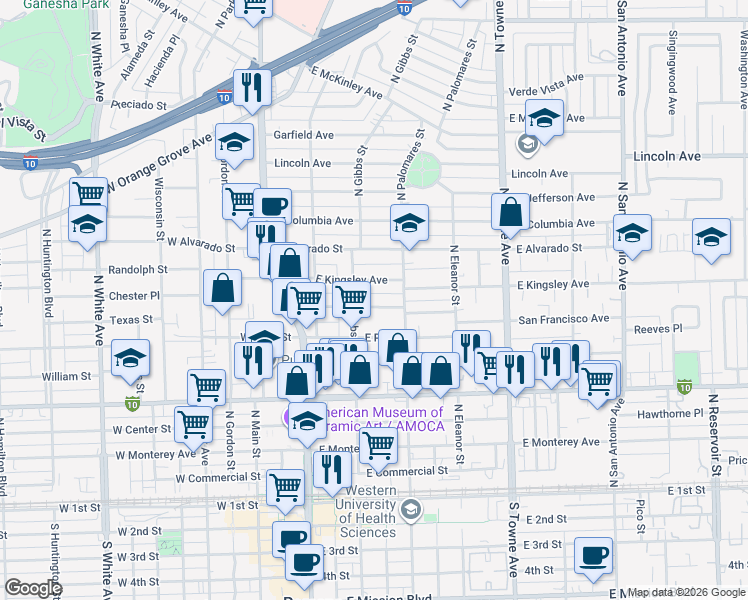 map of restaurants, bars, coffee shops, grocery stores, and more near 364 East Kingsley Avenue in Pomona