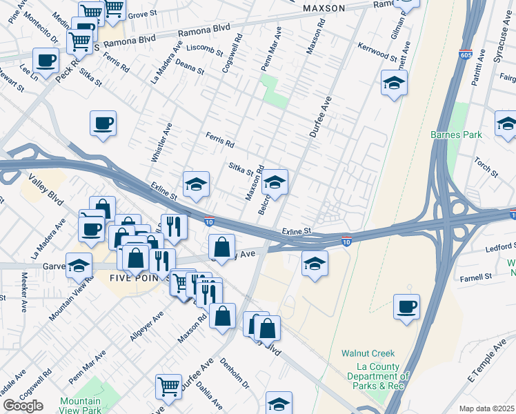 map of restaurants, bars, coffee shops, grocery stores, and more near 3507 Maxson Road in El Monte