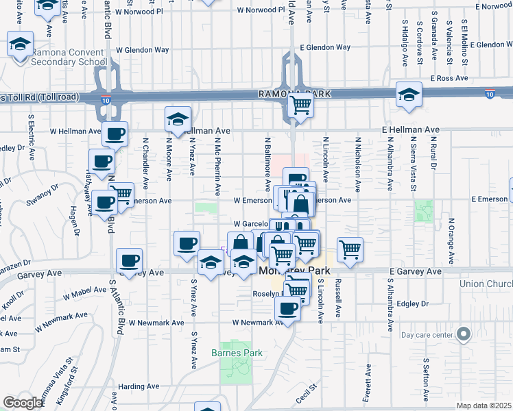 map of restaurants, bars, coffee shops, grocery stores, and more near 401 North Baltimore Avenue in Monterey Park