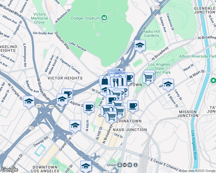 map of restaurants, bars, coffee shops, grocery stores, and more near 947 Yale Street in Los Angeles