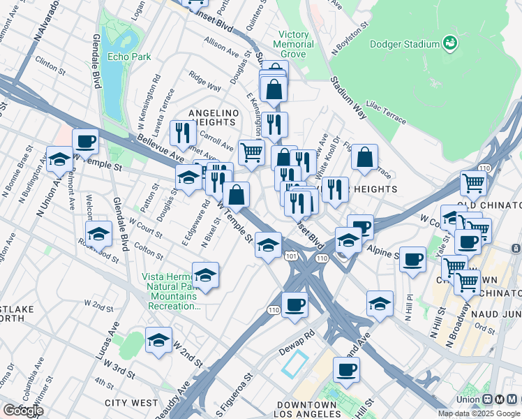 map of restaurants, bars, coffee shops, grocery stores, and more near 1175 Bellevue Avenue in Los Angeles