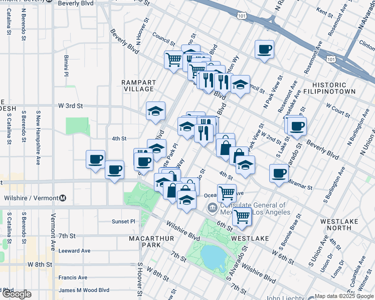 map of restaurants, bars, coffee shops, grocery stores, and more near 2700 West 3rd Street in Los Angeles