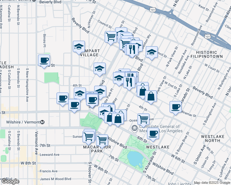map of restaurants, bars, coffee shops, grocery stores, and more near 310 South La Fayette Park Place in Los Angeles