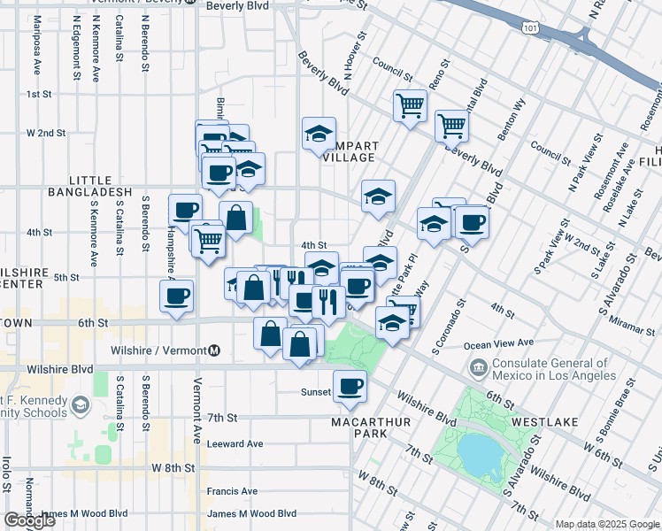 map of restaurants, bars, coffee shops, grocery stores, and more near 3028 West 4th Street in Los Angeles