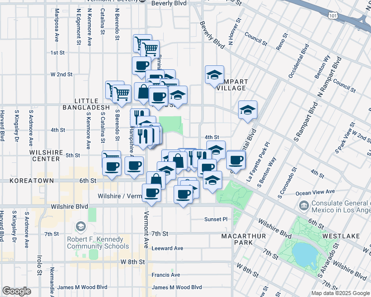 map of restaurants, bars, coffee shops, grocery stores, and more near 400 South Westmoreland Avenue in Los Angeles