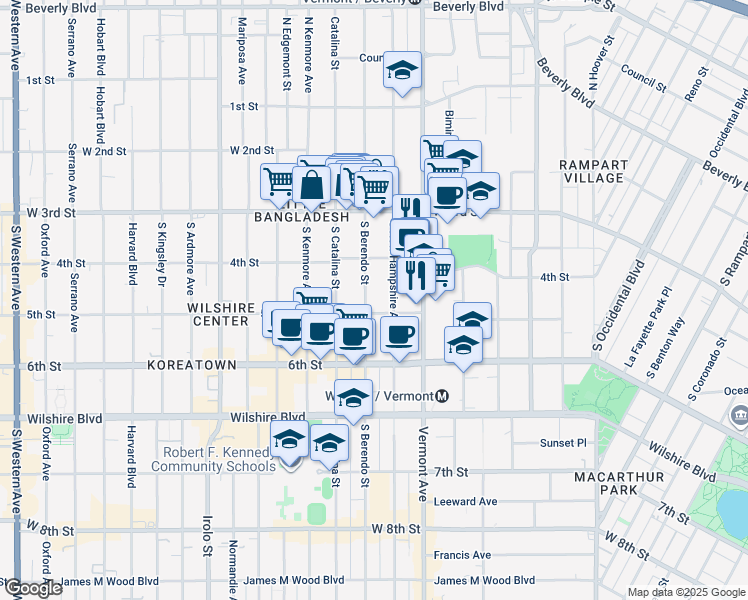 map of restaurants, bars, coffee shops, grocery stores, and more near 433 South Berendo Street in Los Angeles