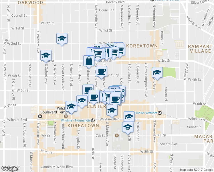 map of restaurants, bars, coffee shops, grocery stores, and more near 422 South Mariposa Avenue in Los Angeles