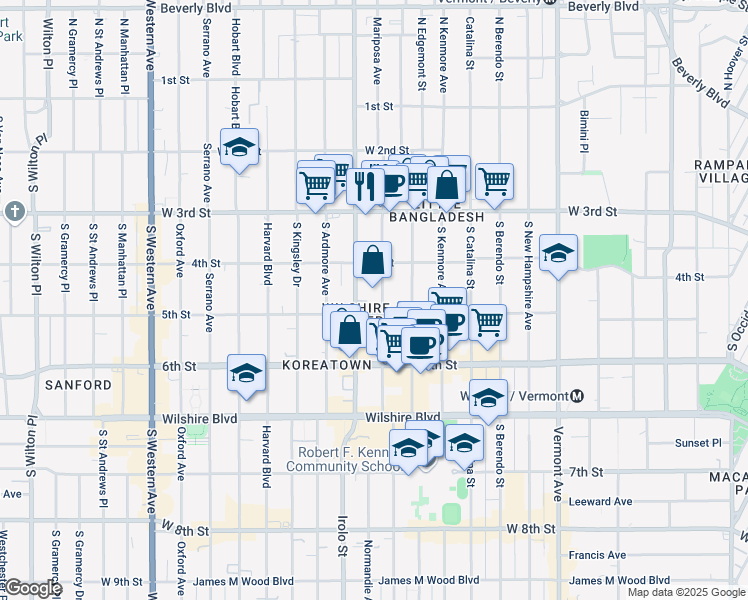 map of restaurants, bars, coffee shops, grocery stores, and more near 422 South Mariposa Avenue in Los Angeles