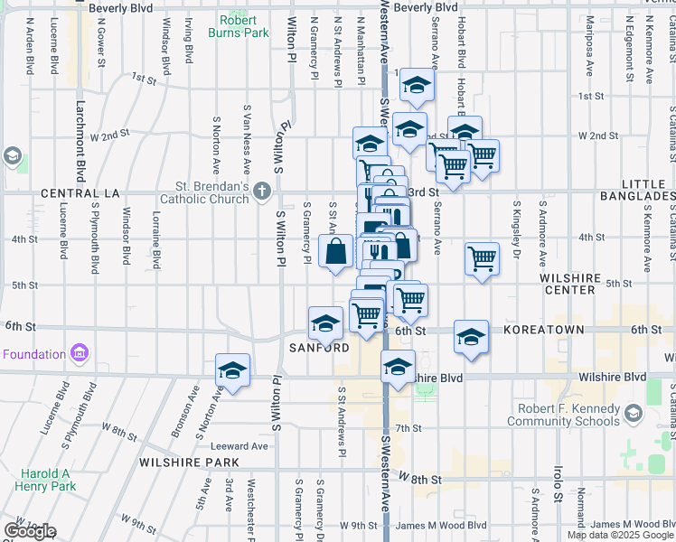 map of restaurants, bars, coffee shops, grocery stores, and more near 420 South Saint Andrews Place in Los Angeles