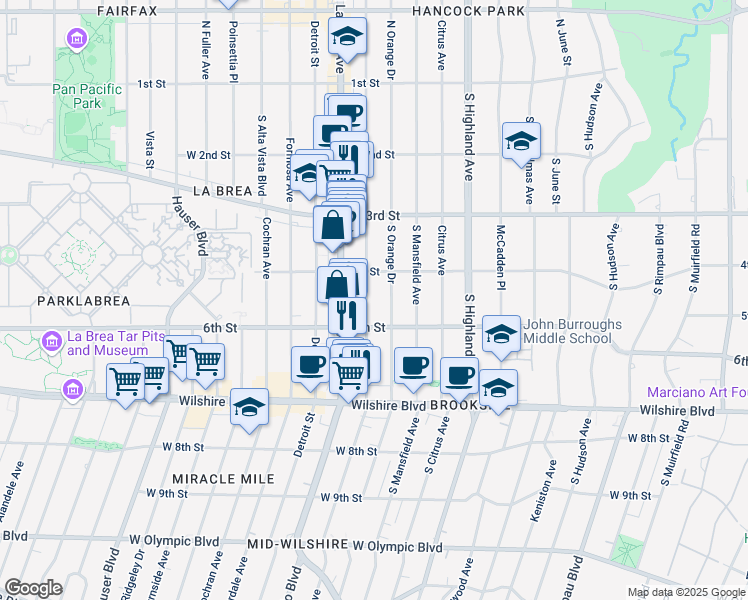 map of restaurants, bars, coffee shops, grocery stores, and more near 412 South Sycamore Avenue in Los Angeles