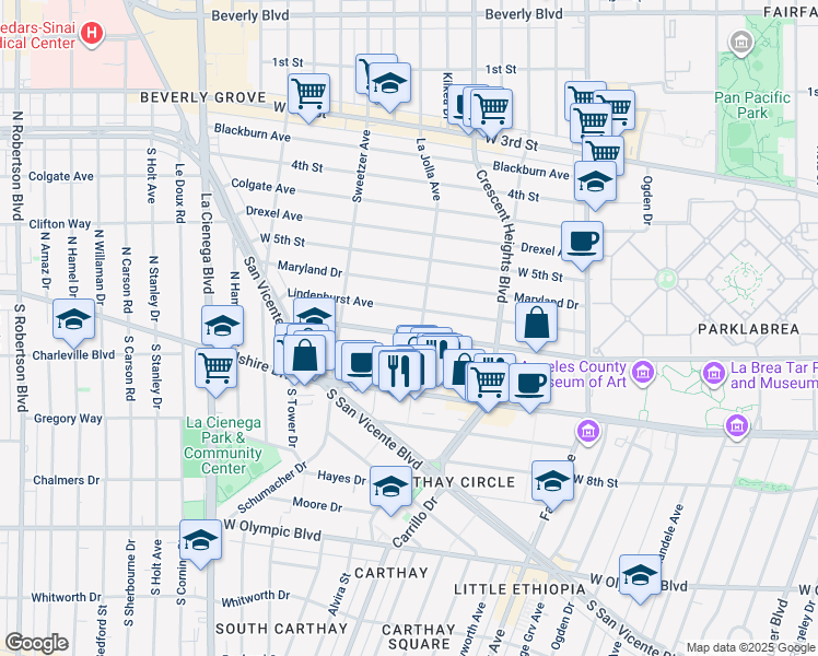 map of restaurants, bars, coffee shops, grocery stores, and more near 6401 Lindenhurst Avenue in West Hollywood