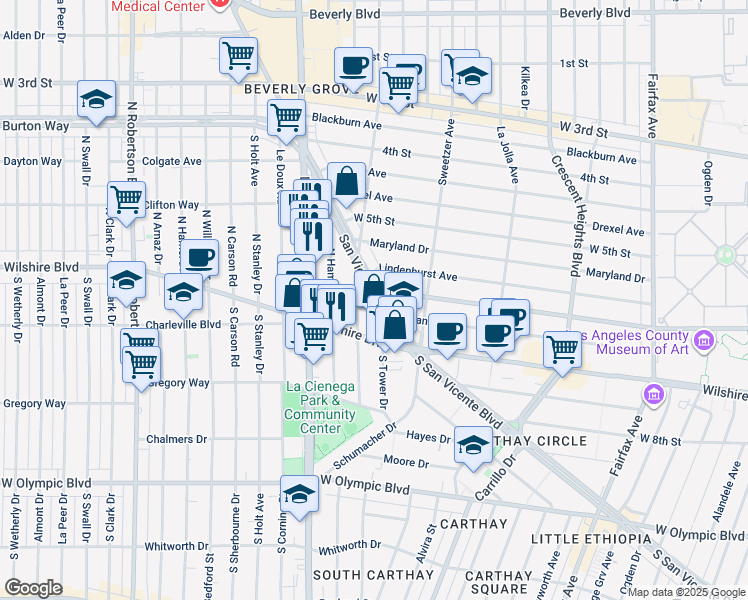 map of restaurants, bars, coffee shops, grocery stores, and more near 123 North Gale Drive in Beverly Hills