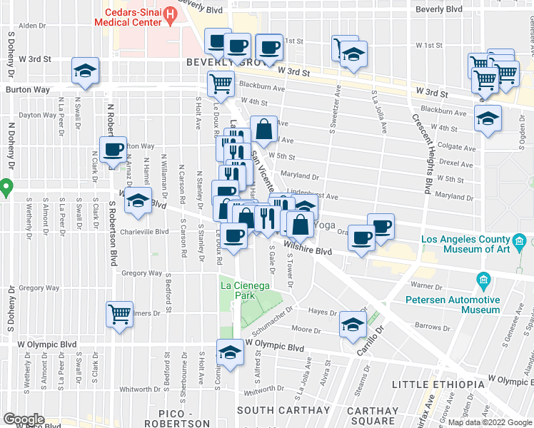 map of restaurants, bars, coffee shops, grocery stores, and more near 123 North Gale Drive in Beverly Hills