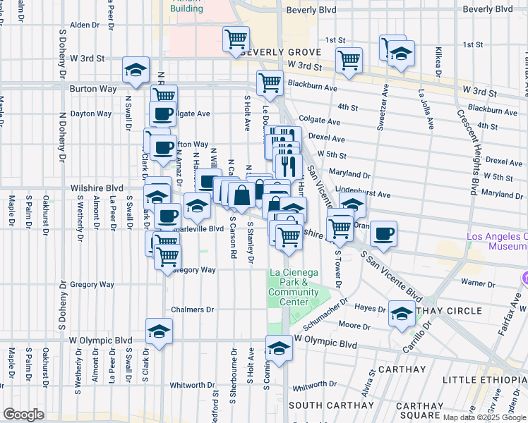 map of restaurants, bars, coffee shops, grocery stores, and more near 126 Le Doux Road in Beverly Hills