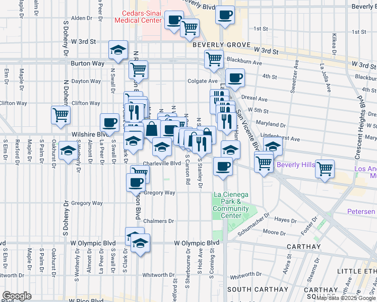 map of restaurants, bars, coffee shops, grocery stores, and more near 8665 Wilshire Boulevard in Beverly Hills