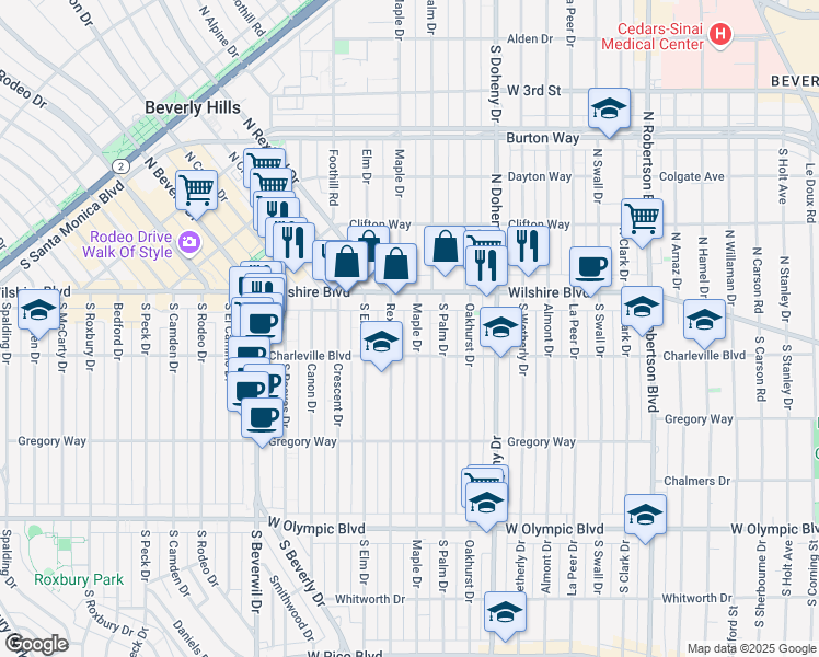 map of restaurants, bars, coffee shops, grocery stores, and more near 137 South Maple Drive in Beverly Hills
