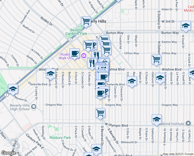 map of restaurants, bars, coffee shops, grocery stores, and more near 94a South Beverly Drive in Beverly Hills