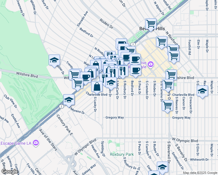 map of restaurants, bars, coffee shops, grocery stores, and more near 120 South Spalding Drive in Beverly Hills