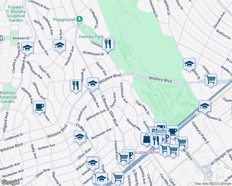 map of restaurants, bars, coffee shops, grocery stores, and more near 10330 Ashton Avenue in Los Angeles