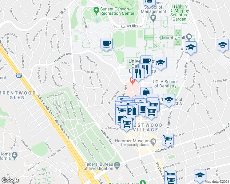 map of restaurants, bars, coffee shops, grocery stores, and more near 625 Landfair Avenue in Los Angeles