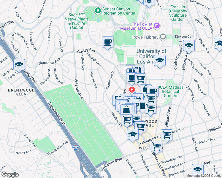 map of restaurants, bars, coffee shops, grocery stores, and more near 625 Landfair Avenue in Los Angeles