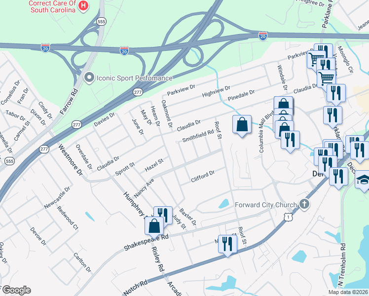 map of restaurants, bars, coffee shops, grocery stores, and more near 7211 Smithfield Road in Columbia