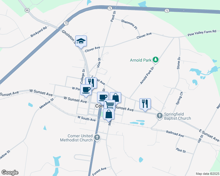 map of restaurants, bars, coffee shops, grocery stores, and more near 225 Laurel Avenue in Comer