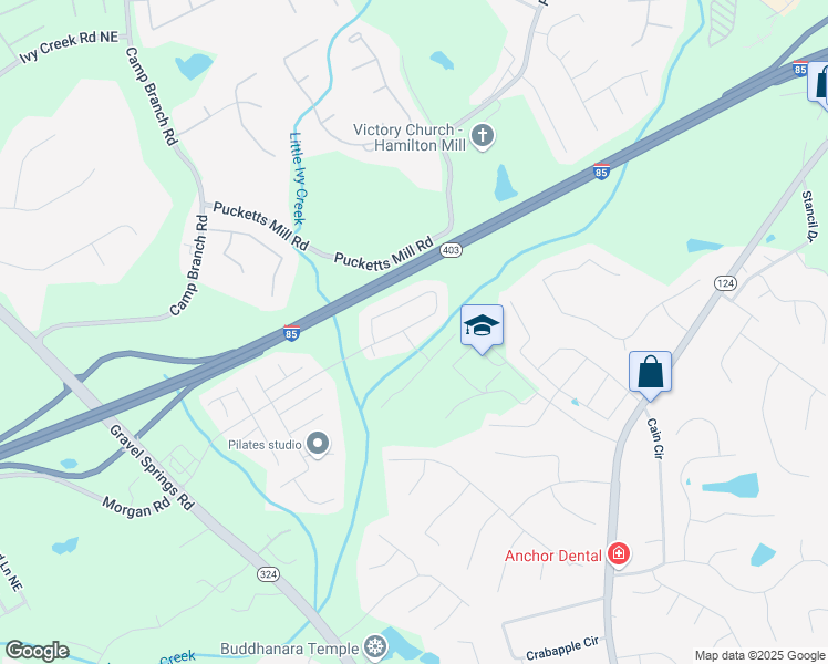 map of restaurants, bars, coffee shops, grocery stores, and more near 3255 Morgan Road in Buford