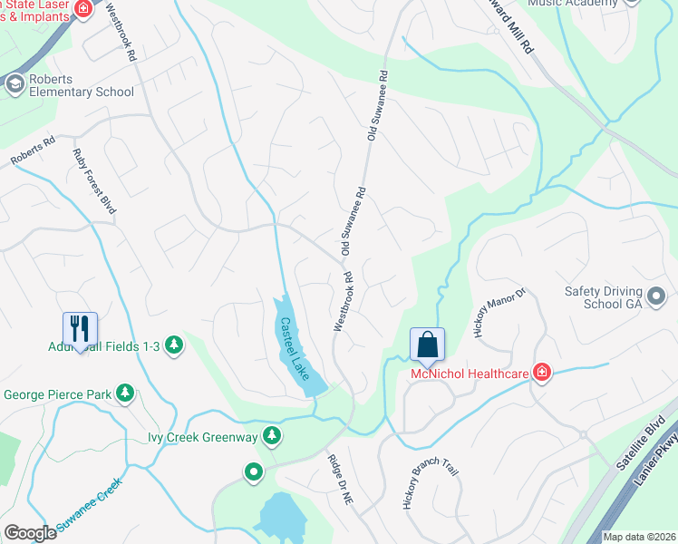 map of restaurants, bars, coffee shops, grocery stores, and more near 373 Vista Lake Terrace in Suwanee
