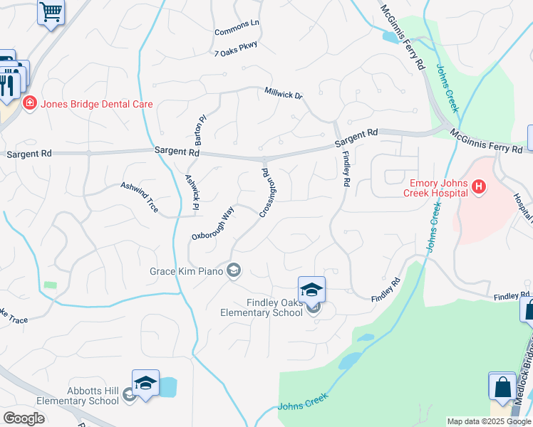 map of restaurants, bars, coffee shops, grocery stores, and more near 11605 Crossington Road in Alpharetta