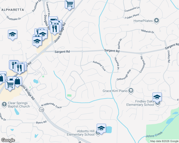 map of restaurants, bars, coffee shops, grocery stores, and more near 11675 Windbrooke Way in Alpharetta