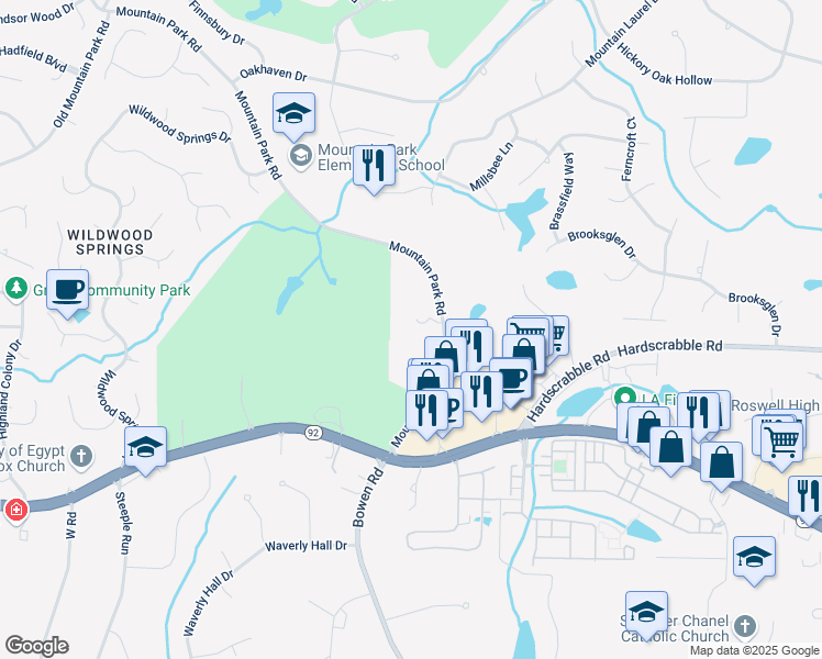 map of restaurants, bars, coffee shops, grocery stores, and more near 11710 Mountain Park Road in Roswell