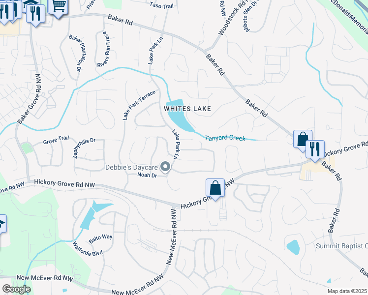 map of restaurants, bars, coffee shops, grocery stores, and more near 2690 Lake Park Bend in Acworth