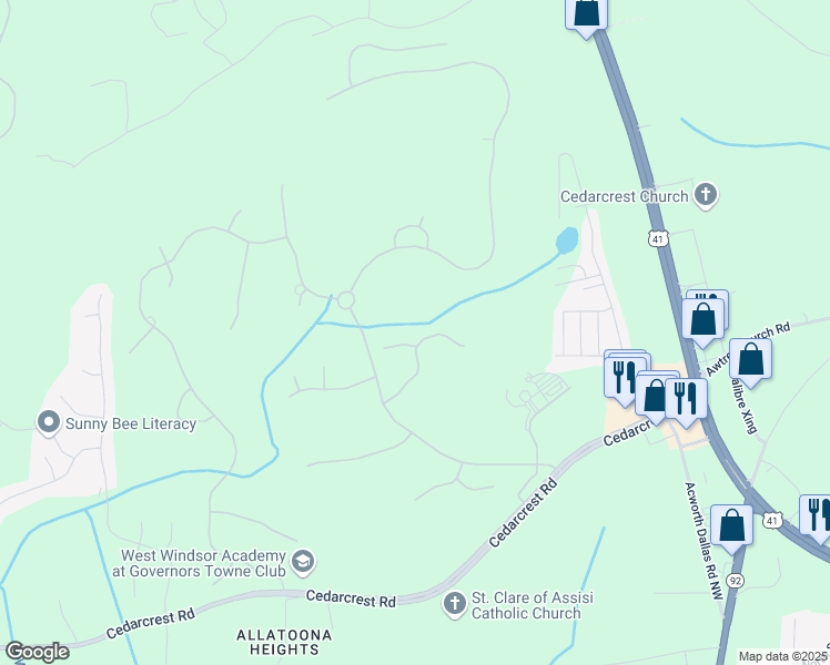 map of restaurants, bars, coffee shops, grocery stores, and more near 6202 Talmadge Way in Acworth