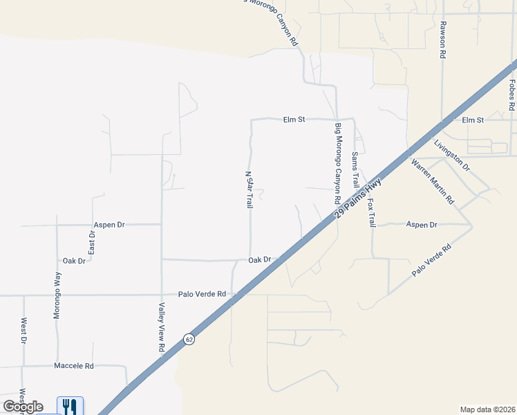 map of restaurants, bars, coffee shops, grocery stores, and more near 10219 North Star Trail in Morongo Valley