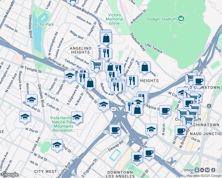 map of restaurants, bars, coffee shops, grocery stores, and more near 1140 Sunset Boulevard in Los Angeles