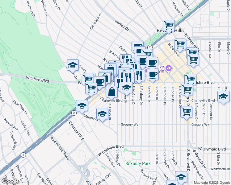 map of restaurants, bars, coffee shops, grocery stores, and more near 120 South Spalding Drive in Beverly Hills