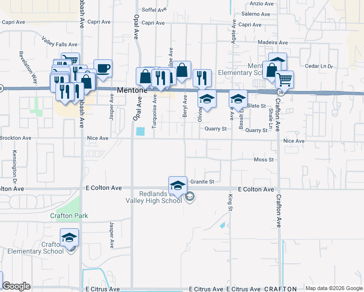 map of restaurants, bars, coffee shops, grocery stores, and more near 1109 Beryl Avenue in Mentone
