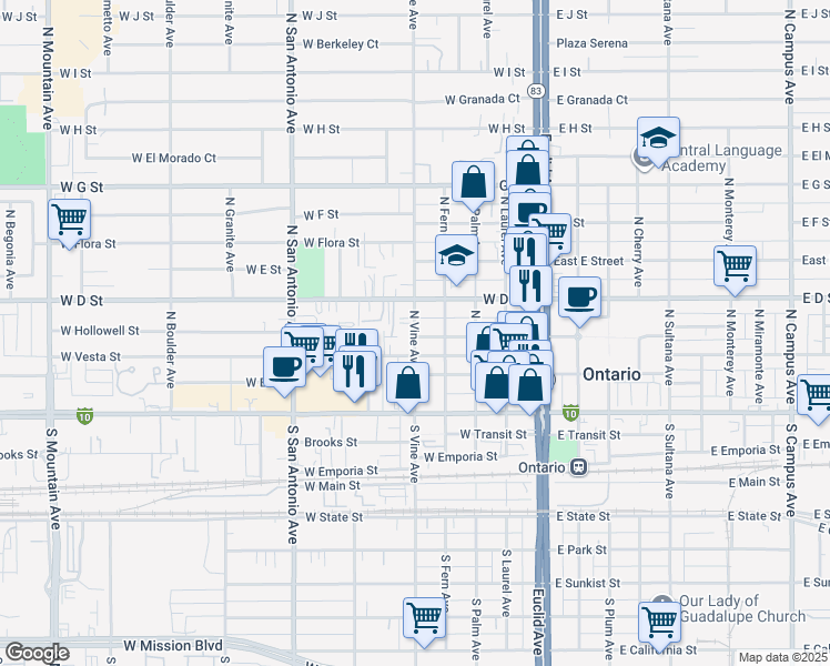 map of restaurants, bars, coffee shops, grocery stores, and more near 310 N Vine Ave in Ontario