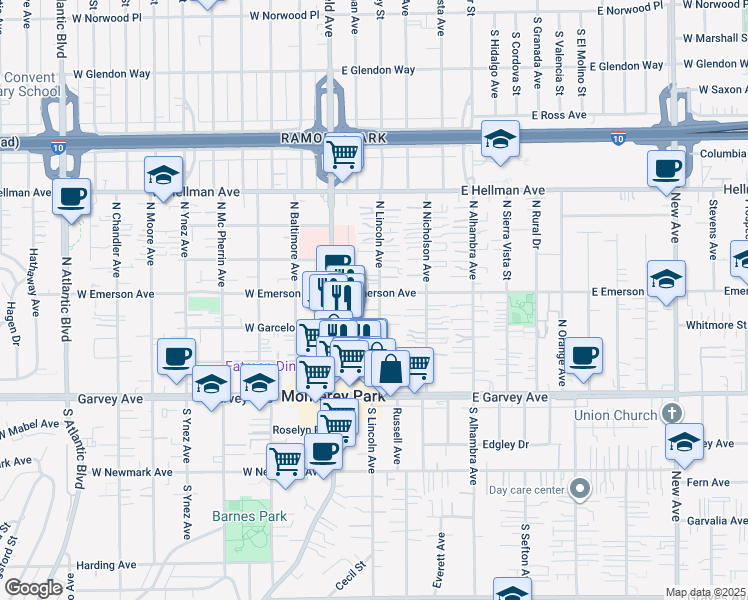 map of restaurants, bars, coffee shops, grocery stores, and more near 408 North Lincoln Avenue in Monterey Park