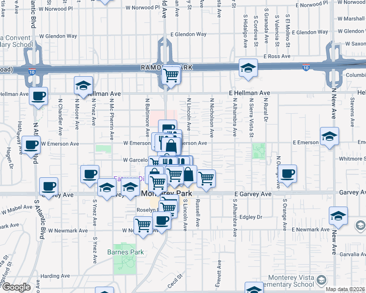 map of restaurants, bars, coffee shops, grocery stores, and more near 111 East Emerson Avenue in Monterey Park