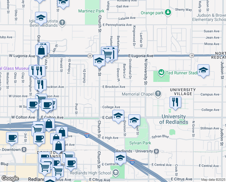 map of restaurants, bars, coffee shops, grocery stores, and more near 1009 Berkeley Drive in Redlands