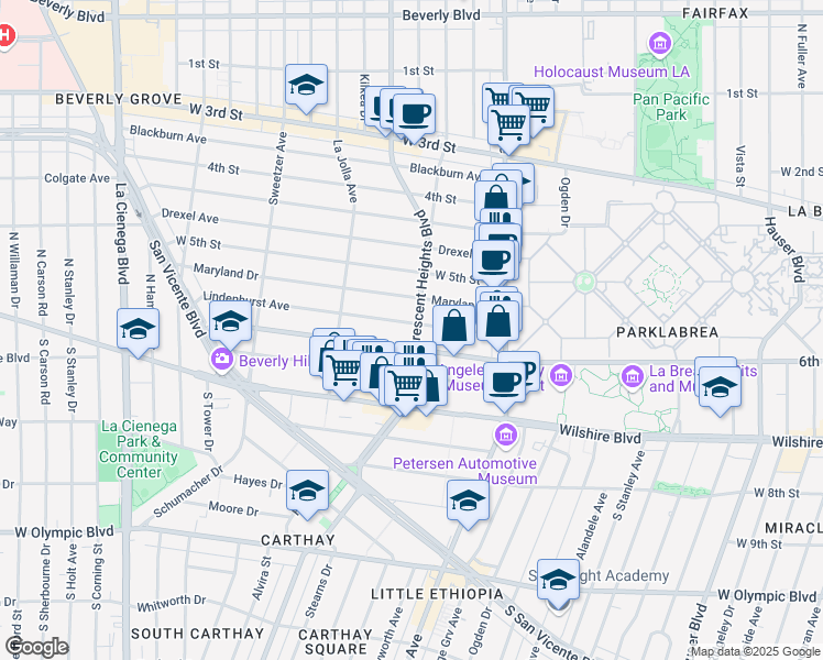 map of restaurants, bars, coffee shops, grocery stores, and more near 6300 Lindenhurst Avenue in Los Angeles