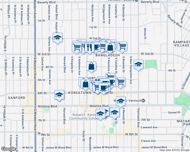 map of restaurants, bars, coffee shops, grocery stores, and more near 422 South Mariposa Avenue in Los Angeles