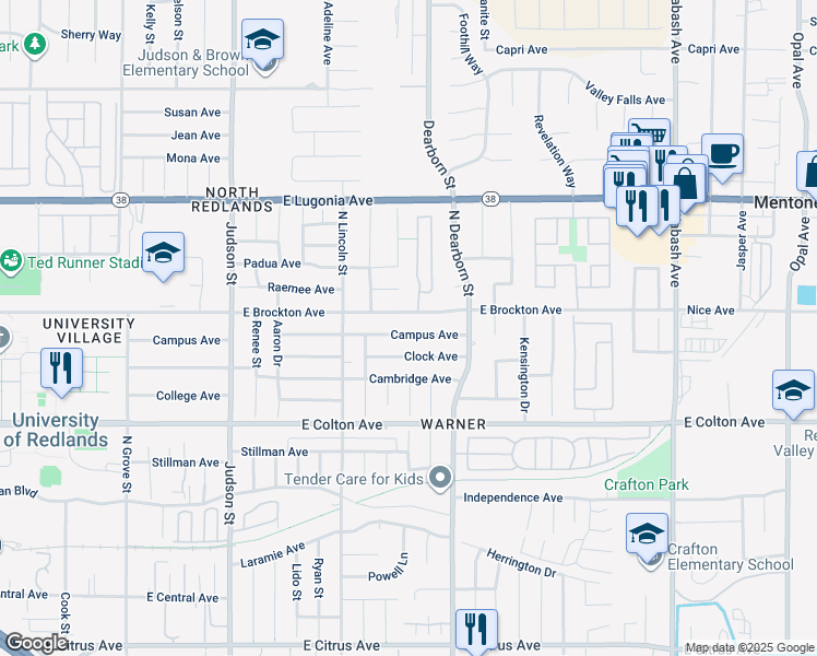 map of restaurants, bars, coffee shops, grocery stores, and more near 1539 Campus Avenue in Redlands