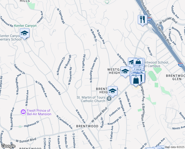 map of restaurants, bars, coffee shops, grocery stores, and more near 418 North Bowling Green Way in Los Angeles