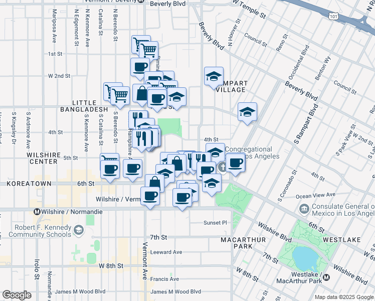 map of restaurants, bars, coffee shops, grocery stores, and more near 424 Westmoreland Avenue in Los Angeles